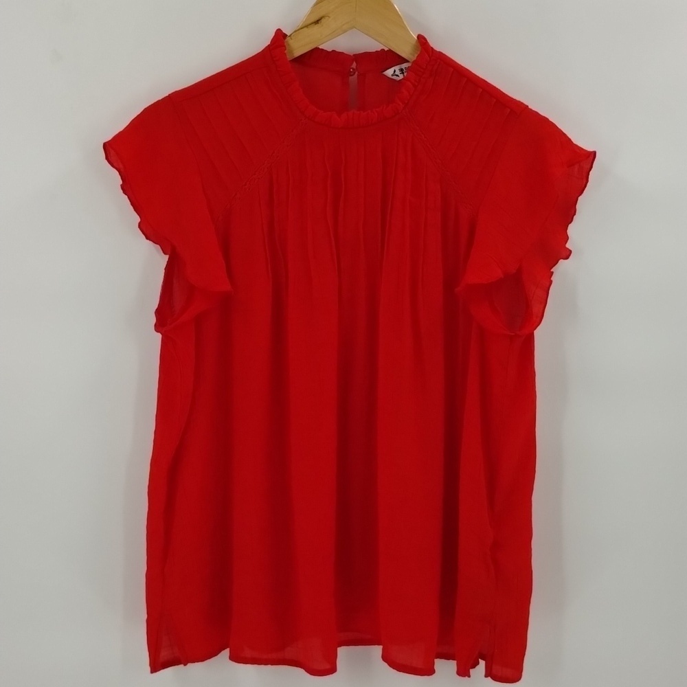 Nanette By Nanette Lepore Red Blouse Size Large Flutter Sleeve Pin Tucked Front